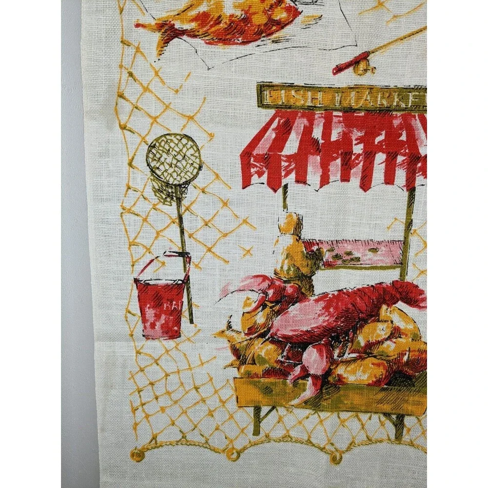 Vintage Polish Linen Tea Towel Screen Print Fish Market Unused Mint
